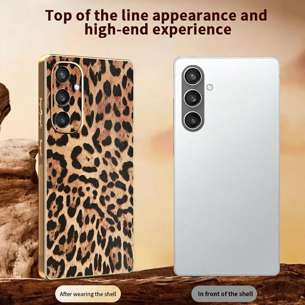 For Samsung Galaxy S25 Case Leopard Print PU Leather Coated PC + TPU Electroplating Phone Cover