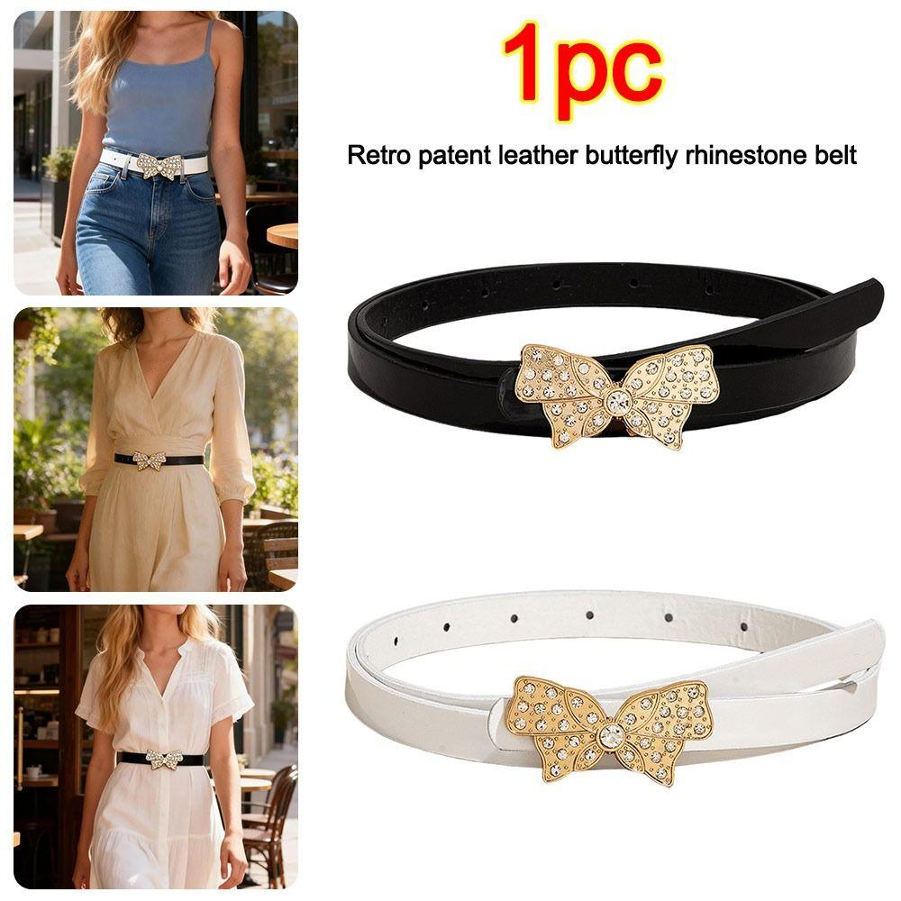 Patent Leather Butterfly Rhinestone Belt Decorative Versatile Business Waist Strap Gold Buckle Pin Buckle Waistband