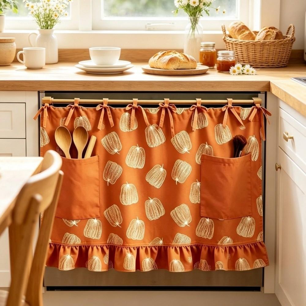 Pastoral Style Oven Skirt Curtain with Pocket Tie Top Stove Cover Hidden Curtain Open Vanity