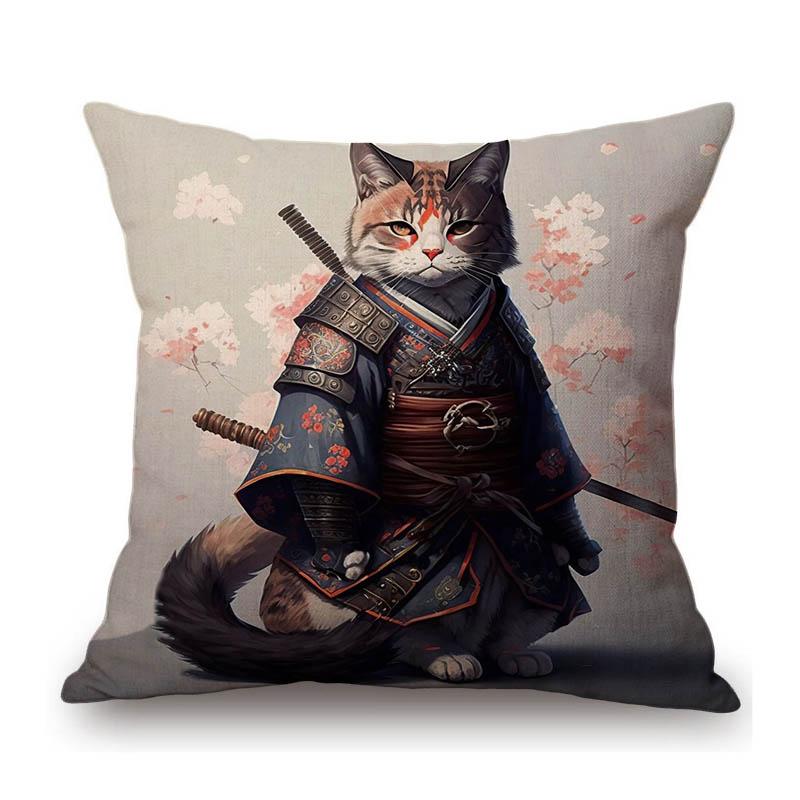 Funny Cute Cat Samurai Catoon Home Decorative Sofa Throw Pillow Case Cotton Linen Car Chair Cushion Cover