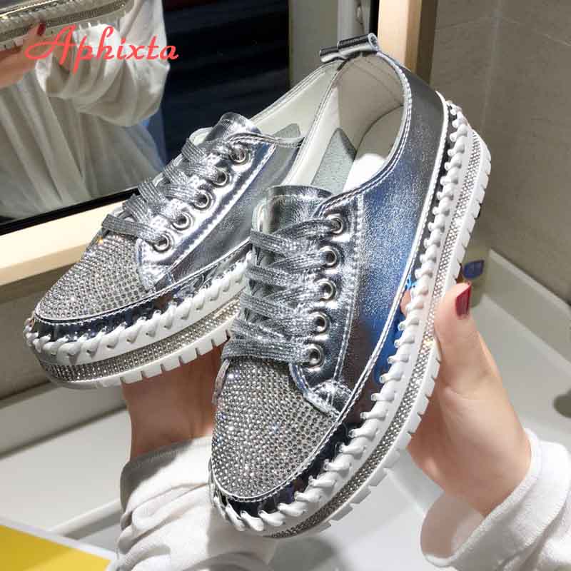 Fashion Aphixta Loafers Shoes Women Luxury Silver Crystal Lace-up Platform Shoes Woman Sequined Cloth Bling Crysta Black Flat Heels Shoe