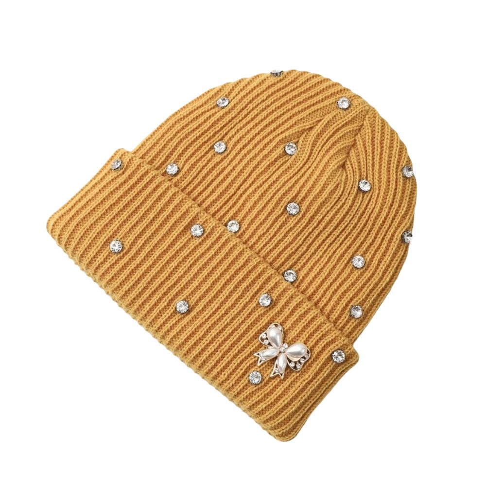 Solid Color Crystal Pearl Bow Beanie Warm Pullover Hat Fashion Knit Hat Outdoor