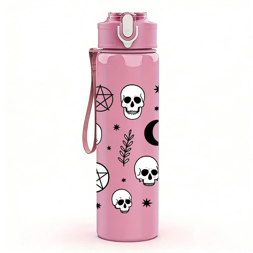 1PC Skull Moon Witch Pattern 750ml Color Plastic Sports Water Bottle Leakproof Flip Straw Lid Suitable for Sports Office Home Use