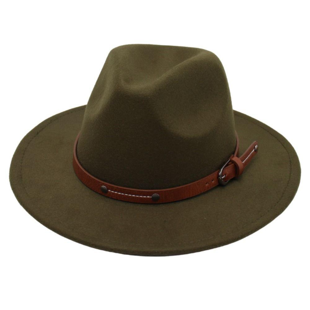 Wide Brim Felt Fedora Hats With Belt Buckle Cowboy Cap Fashion Panama Cap  Men Women