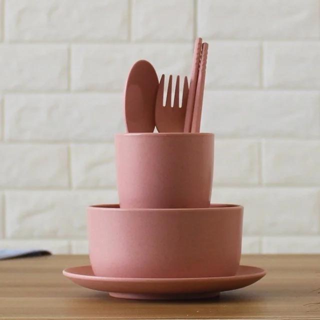 6 шт./набор из пшеничной соломы, детская посуда, детская еда, миска, кормление, обучение младенцев, столовая посуда, ложка, палочки для еды, вилка, чашка