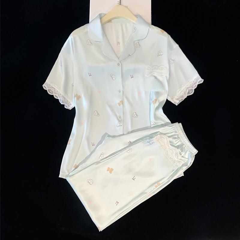 Милая женская пижама из 2 предметов с рисунком маленького медведя Kawaii, милая, простая, Y2k, кружевная пижама, новый осенний комплект с коротким рукавом и брюками