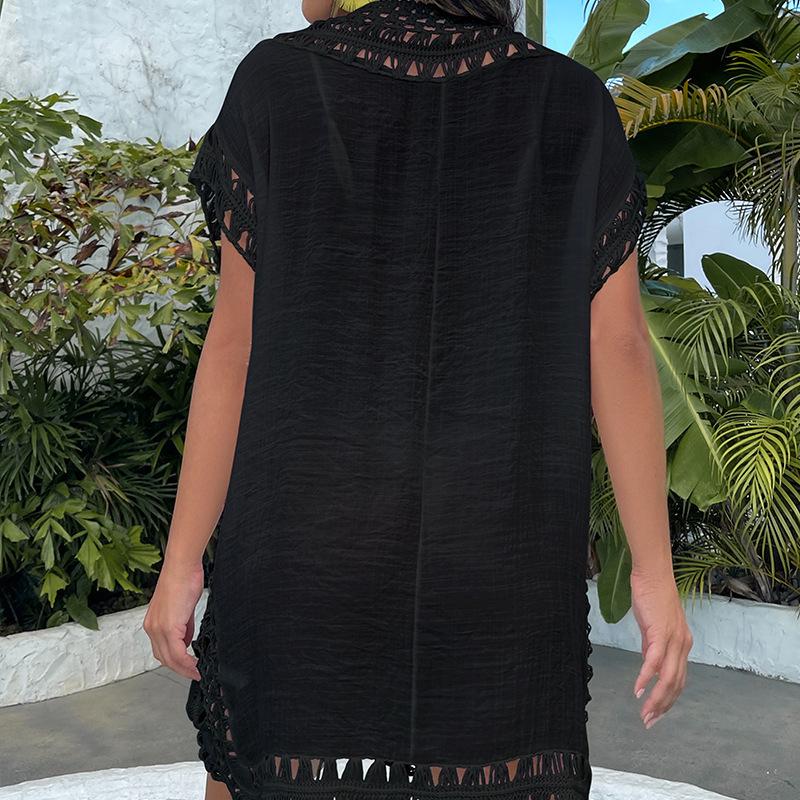 Короткий пляжный кардиган с ручной вязкой и цветочной горловиной: Европейский и американский женский пляжный костюм-накидка от солнца 2025.