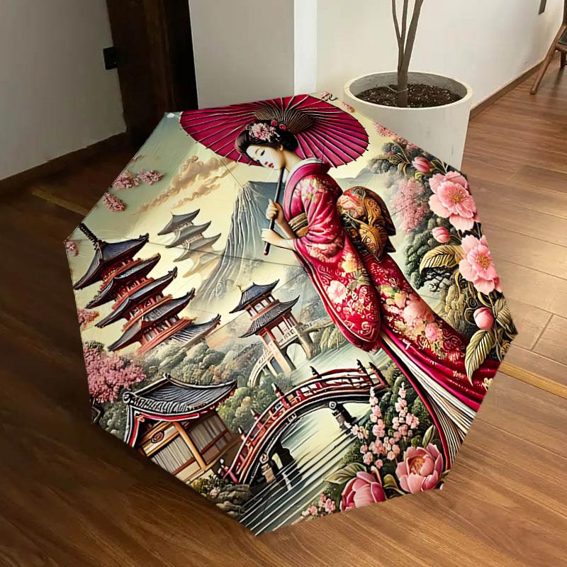 1PC Geisha Blossoms Automatic Folding Umbrella - Compact 8-Rib Design, Durable Plastic & Iron, Lightweight for Outdoor Daily Use, Festive Gift062