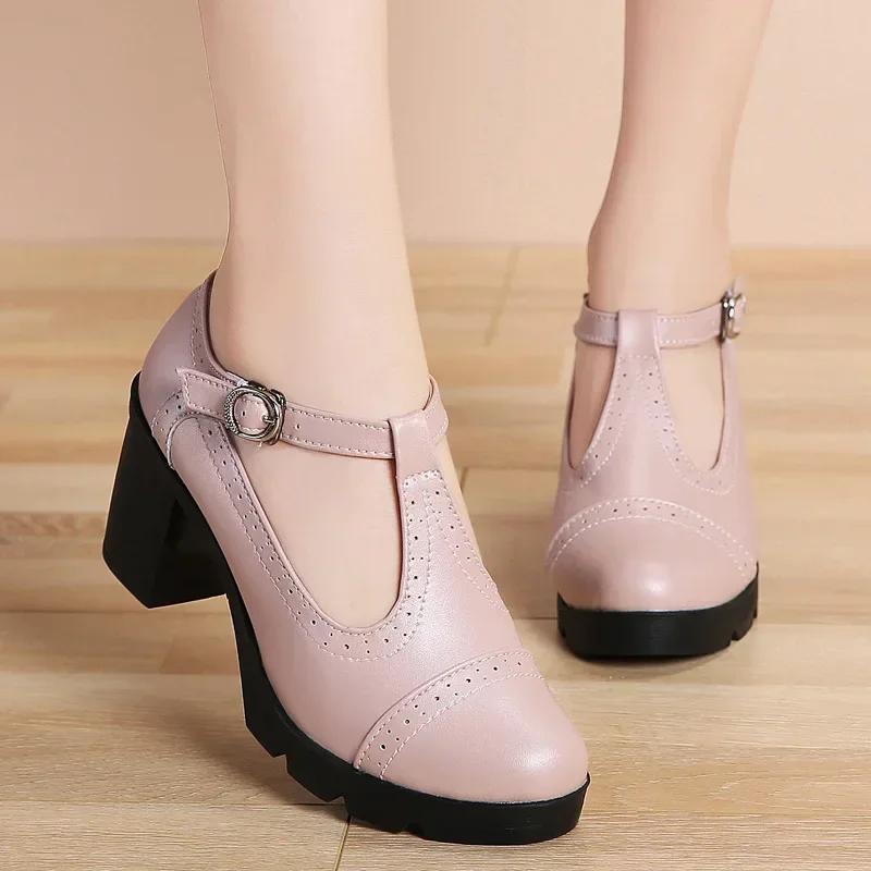 Мода Мода Британский стиль Круглый носок Туфли Мэри Джейн Кожа Перфорация Квадратный каблук Платформа Ретро Женские танцевальные туфли