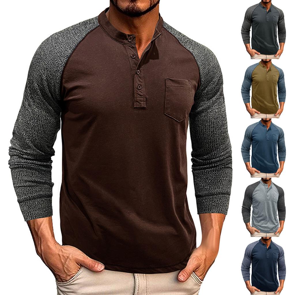 Men's Round Neck Ribbed Long Sleeved Bottoming Shirt Tough Guy Contrast Color Retro Button Men's T-shirt Top