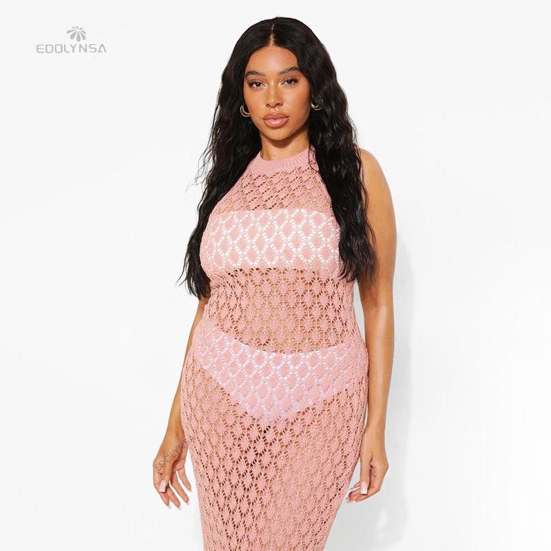 2022 Sexy See Through Sleeveless Bikini Cover-ups Pink Hollow Out Mesh Dress Women Summer Beach Wear Swim Suit Cover Up