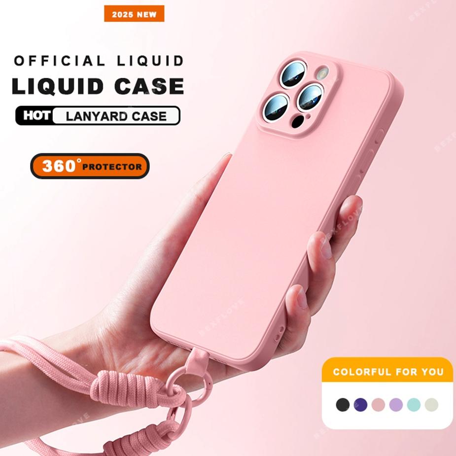 Чехол для телефона со шнурком для iPhone 16E 16 14 15 Plus 12 13 Mini 11 16 Pro X XR XS Max SE Защитный чехол из жидкого силикона с ремешком Мягкий чехол