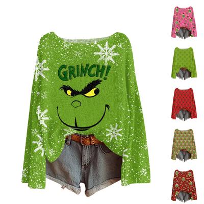 Женский легкий свитер с круглым вырезом, повседневный вязаный пуловер с длинным рукавом и рождественским принтом.