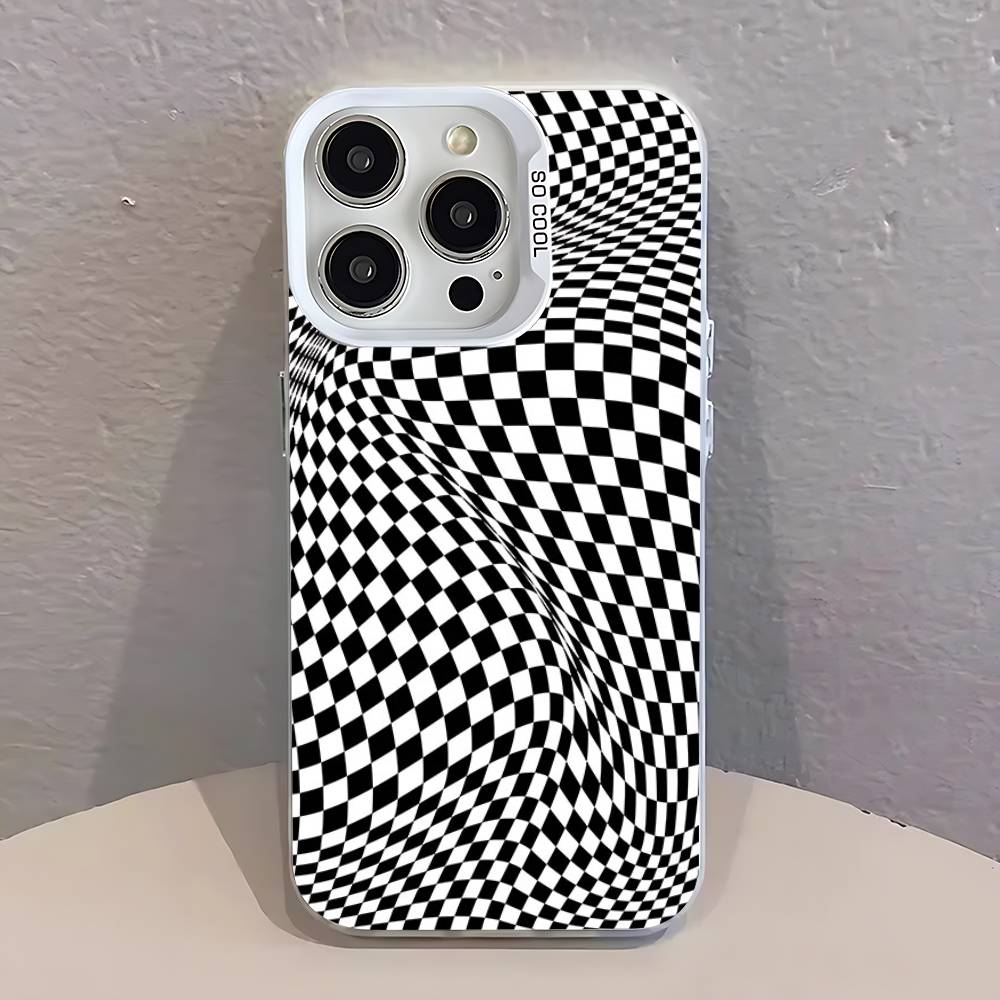 Черно-белый Клетчатый Чехол для Телефона Для iPhone 17,16,13,12,11,15,14,Pro,Max,Plus,SE4,Air,Mini Белый IMD Матовый