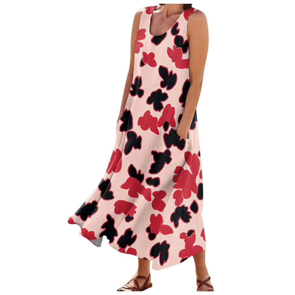 Женские модные летние повседневные платья без рукавов с цветочным принтом и маленькими карманами