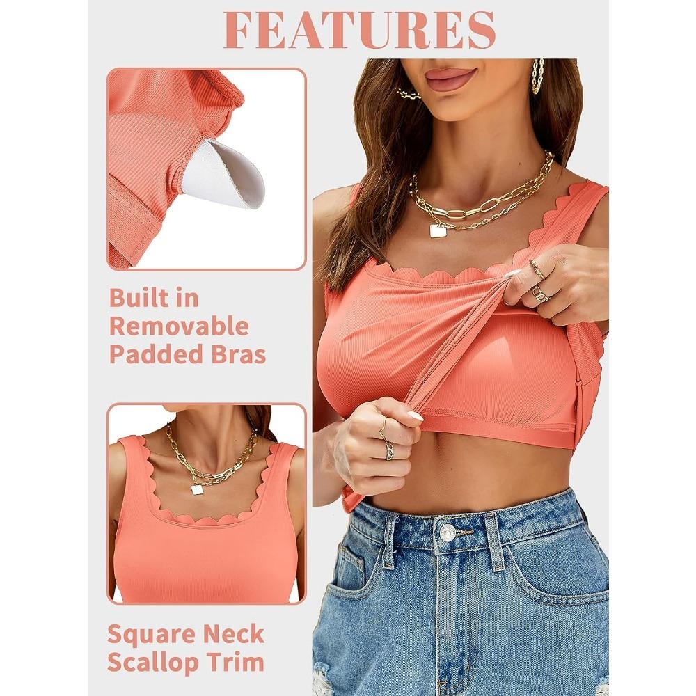 Attraco Встроенная бюстгальтерная майка для женщин с квадратным вырезом и отделкой фестонами, летняя майка без рукавов в рубчик