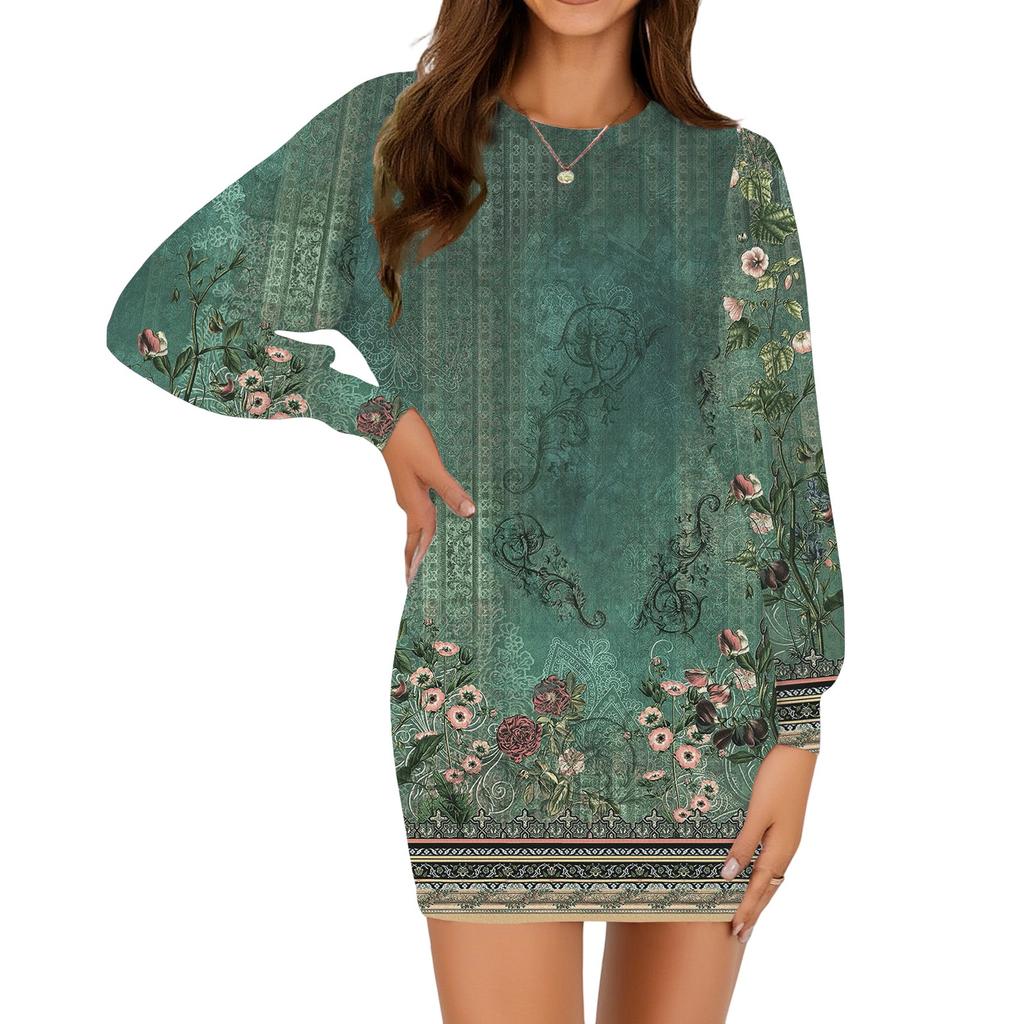 Женское модное повседневное платье с круглым вырезом и длинными рукавами