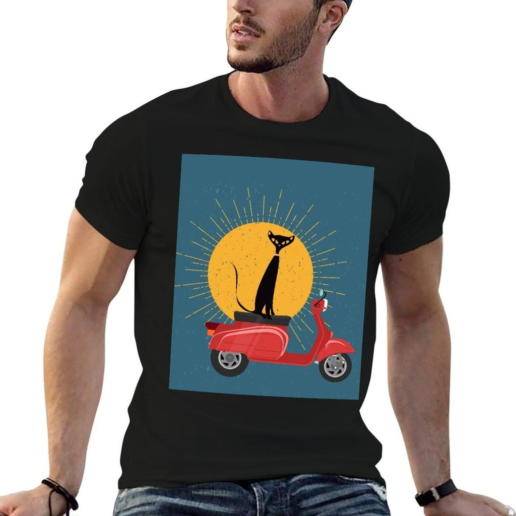 Mid Century Cat Sitting On A Vintage Scooter Tshirt Unisex T Shirts Cotton Cotton T Shirt Pack Tshirt