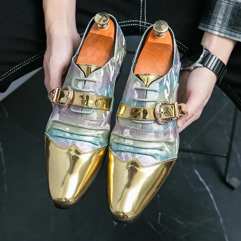 Men Dress Leather Shoes Designer New Golden For Male Luxury British Colours National Pattern Oxfords Gentleman Wedding Footwear