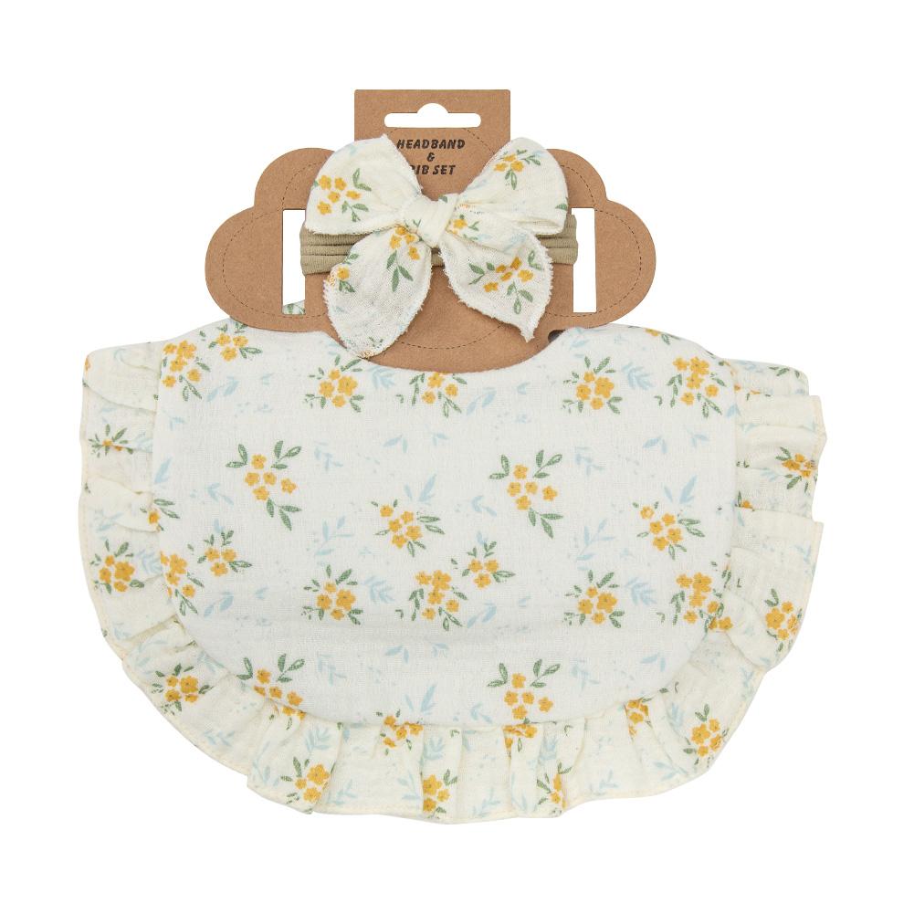 2Pcs/Set Ruffled Edge Muslin Cotton Baby Bibs Hair Bows Girls Headbands Flower Print Saliva Towel Feeding Burp Cloths Scarf