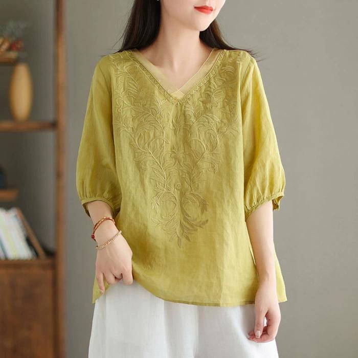 Cotton and Linen Japanese and Korean Five-point Sleeve T-shirt Women's Summer Mother Wear V-neck Embroidered Ladies Top
