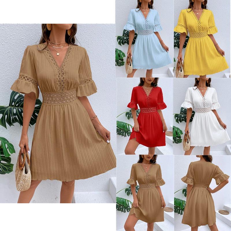 Женское летнее кружевное модное платье с V-образным вырезом и талией, однотонное платье