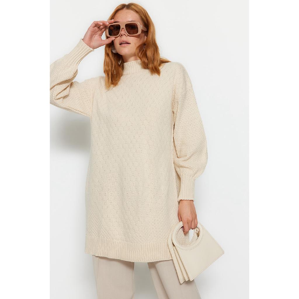 Stone High Collar Honeycomb Pattern Knitted Knitwear Sweater Tctaw24ak00020