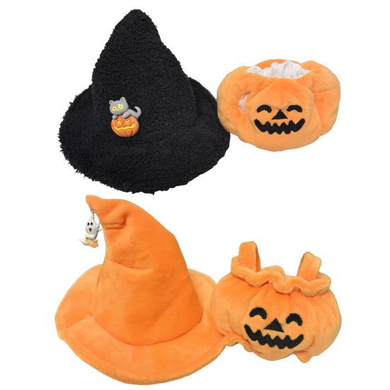 Doll Clothes Halloween Pumpkin Overalls Plush Doll Costume with Black Hat Cute Outfit for 15cm Dolls Display
