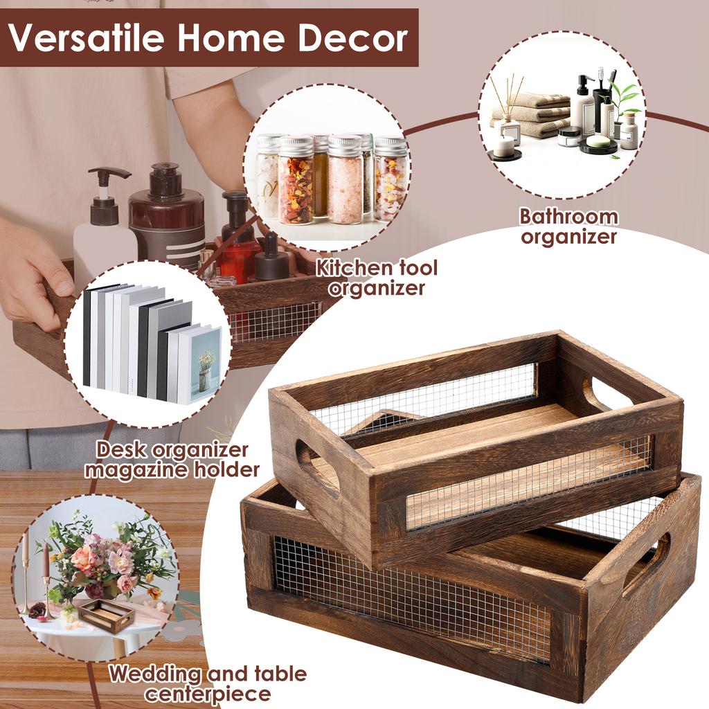 2Pcs Wooden Countertop Basket Stackable Storage Box With Wire Mesh Multipurpose Kitchen Bathroom Storage Organizer Magazine Rack