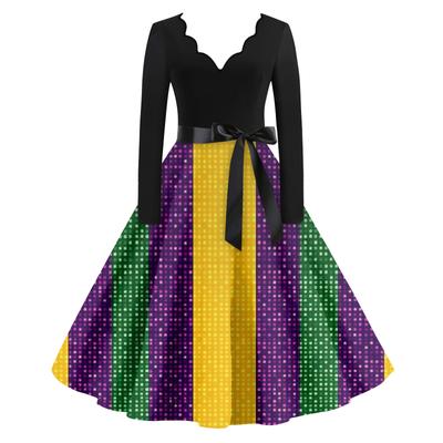 Женское повседневное модное платье с V-образным вырезом и длинным рукавом с принтом в винтажном стиле