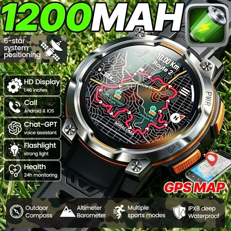 Умные часы для улицы с GPS, аккумулятор 1200 мАч, компас, Bluetooth-звонки, водонепроницаемость IPX8, спортивный фитнес-трекер