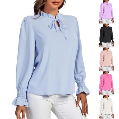 Женская элегантная рубашка-топ с оборками, воротником-стойкой, завязками, плиссировкой, кружевом и длинными рукавами