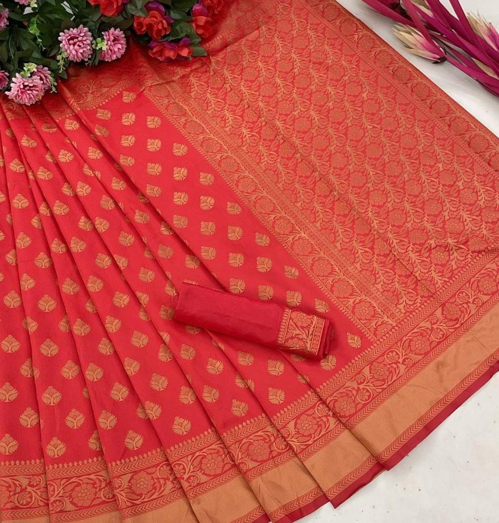 Beautiful Golden Jari with New Design Soft Lichi Silk Saree