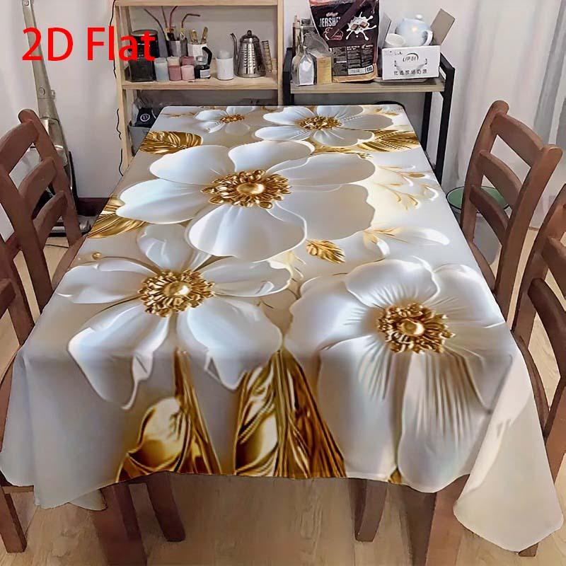1pc White Gold Flower Pattern Tablecloth Luxury Modern Kitchen Decor,Aesthetically Pleasing and Durable
