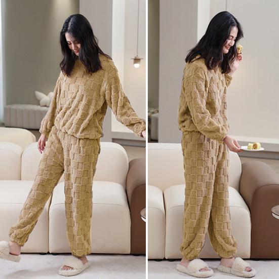 2 Pcs/Set Winter Pajamas Set Thickened Coral Fleece Checked Texture Round Neck Long Sleeves Top Wide Leg Elastic Waist Trousers Homewear Loungewear