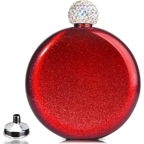 Cute Liquor Flask for Women, Junya 304 Stainless Steel,Pretty Glitter Coating Whiskey Flasks,Shining Rhinestone Cap,Portable Wine Flask for Drink Bar
