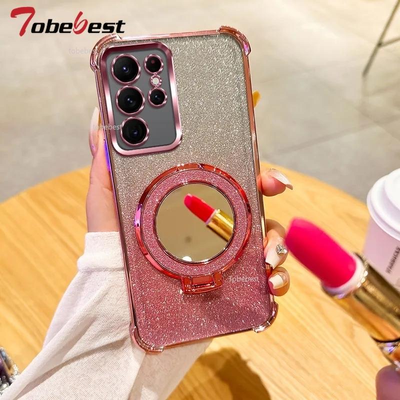 Противоударный чехол с гальваническим покрытием для Samsung Galaxy S25 S24 S23 S22 S21 S20 FE Ultra Plus 5G Зеркальная магнитная подставка-держатель