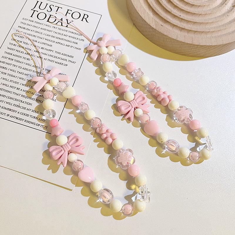 Pink Bow Beads Lanyard Anti-Lost Bracelet For Mobile Phone Case Wrist Strap Lanyard Cute Phone Keychain Portable Rope Chain