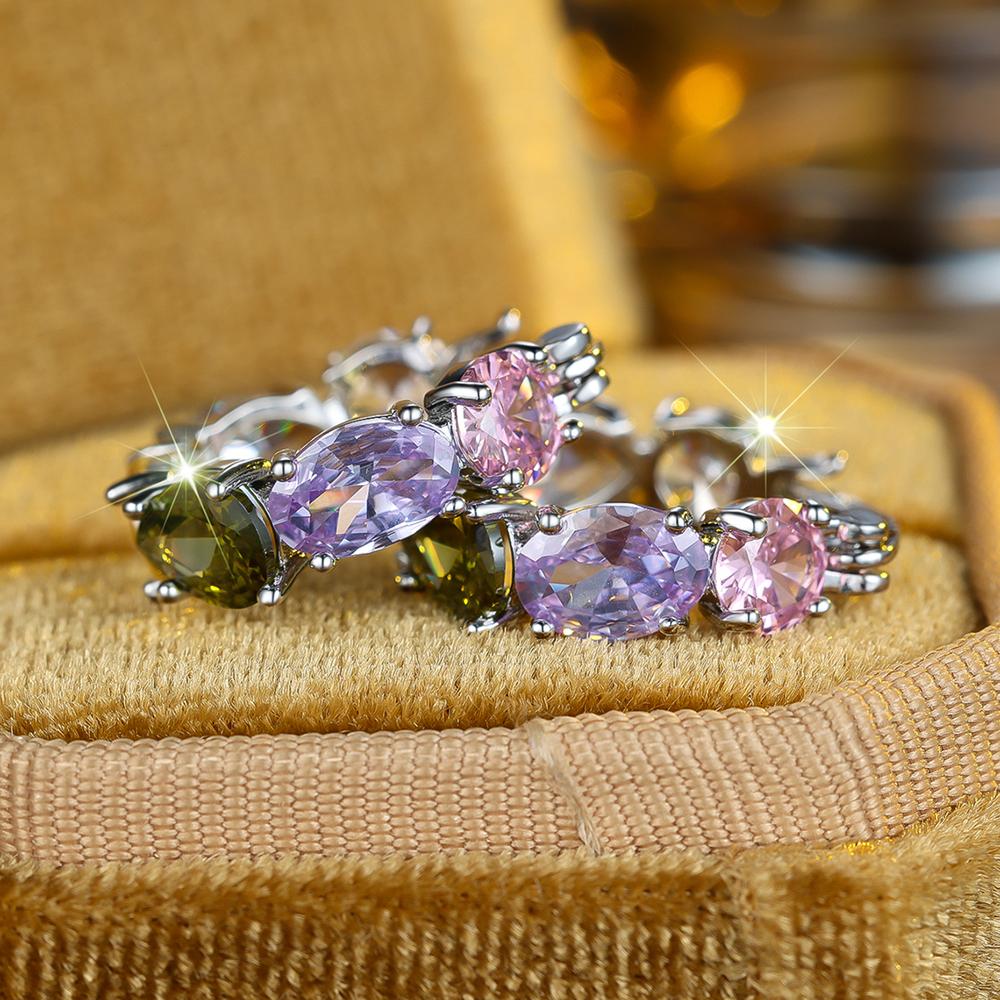 Creative Pink Purple Olive Green Zircon Hoop Earrings Women's Silver Color Circle Earrings Party Wedding Jewelry Gifts