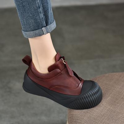 Повседневные женские туфли из натуральной кожи с круглым носком и молнией спереди, универсальные туфли на толстой подошве
