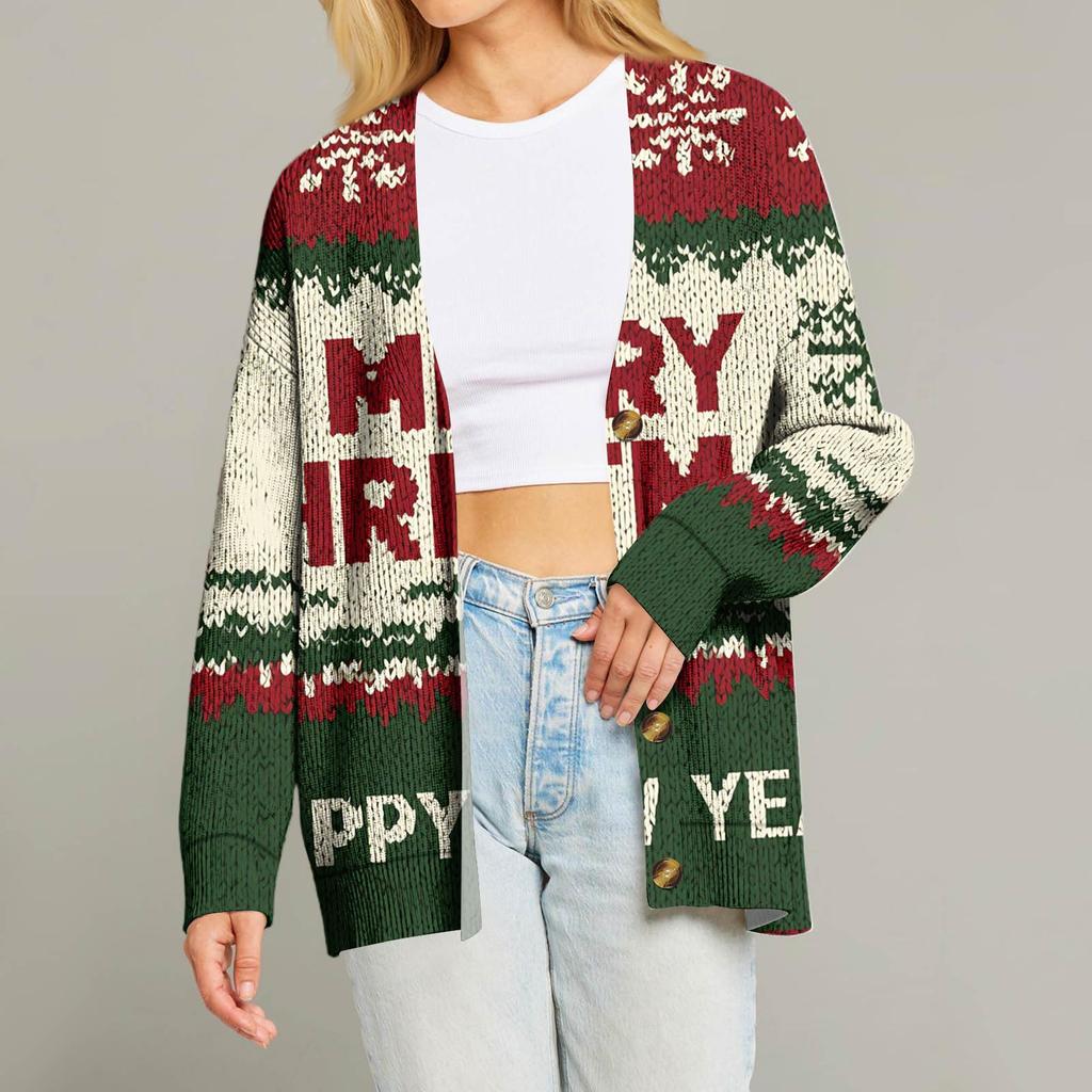 Women's Fashion Long Sleeve Christmas Print V-Neck Button Loose Cardigan Top
