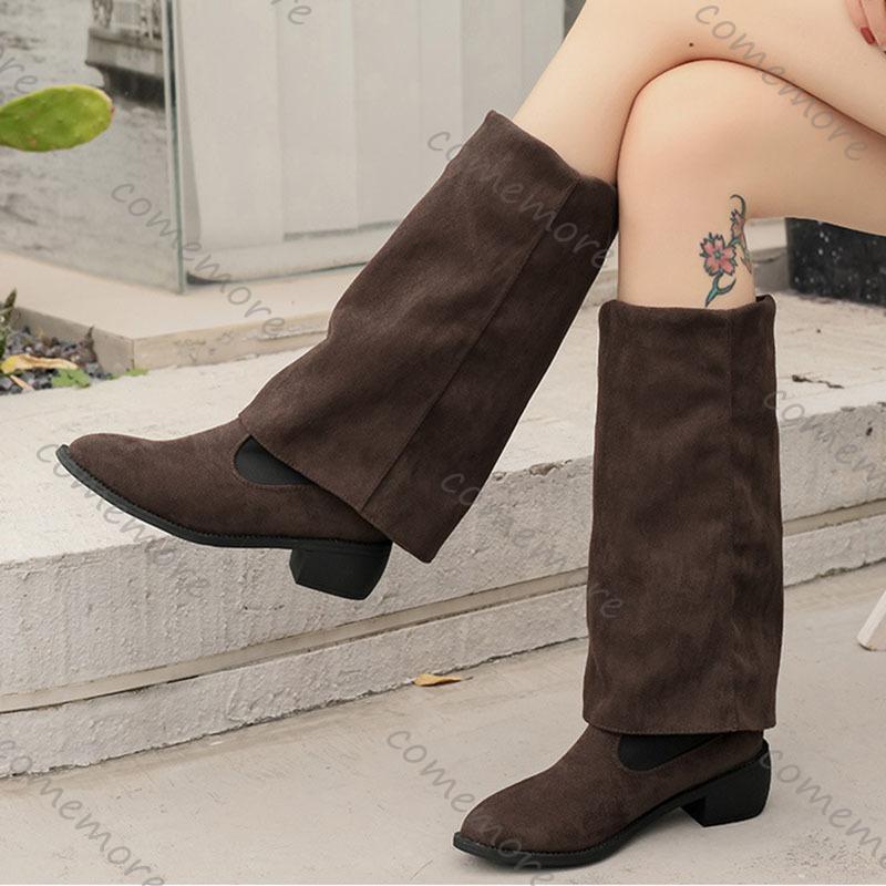 Fashion Comemore Women Fashion Mid-calf Boots Elegant Suede Solid Color Comfortable Shoes for Women Thick Heeled Female Knight Long Boot
