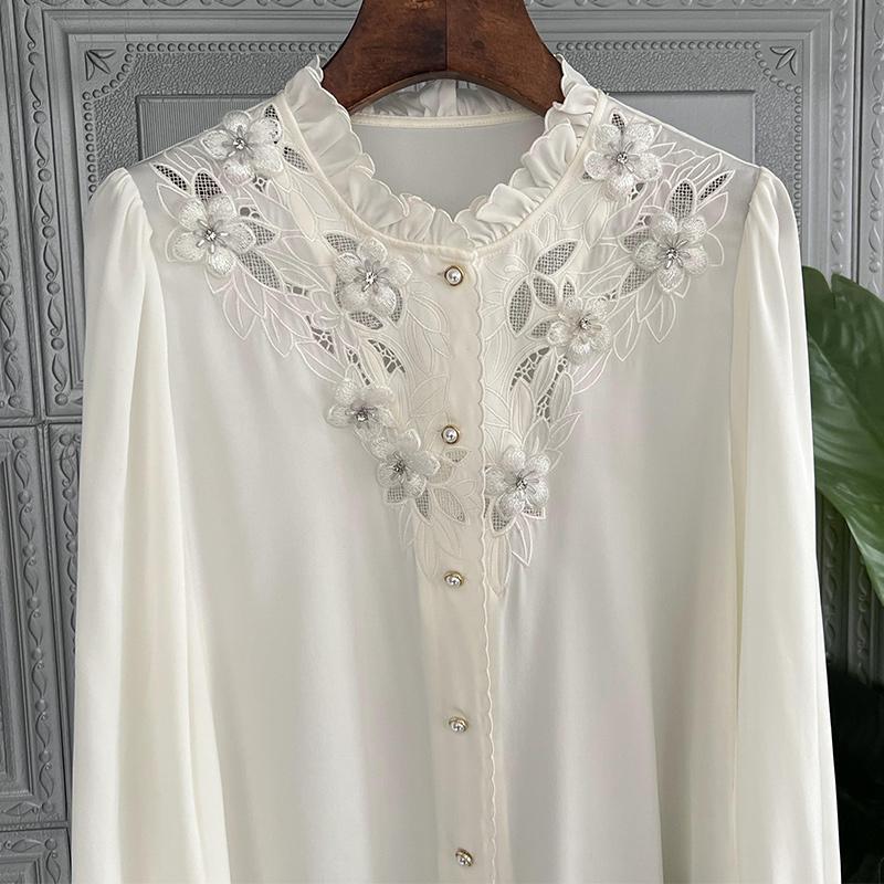 Весенне-осенняя элегантная блузка из искусственного шелка, женская новая однотонная повседневная блузка, свободный белый топ с воротником-стойкой и рюшами, топ с длинными рукавами