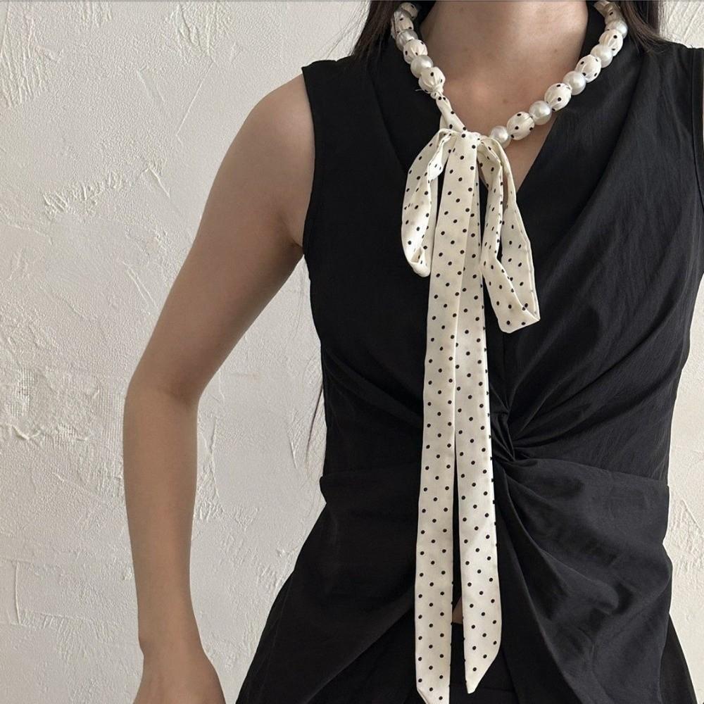 Ribbon Pearl Necklace Scarf Adjustable Polka Dots Scarf All-match Waist Chain Summer Season