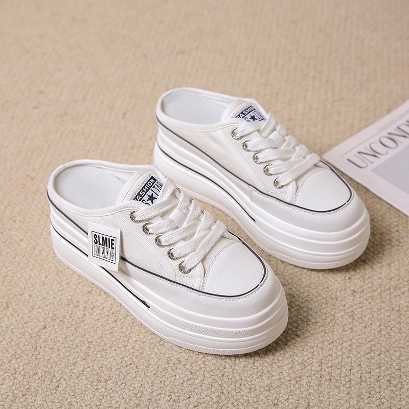 College Style Bag Head Half Slippers Women's 2024 New Heelless Little White Shoes Versatile Thick-soled Inner Height-increasing Sandals