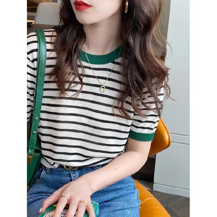 2026 Stripe Tops Women Knitted Round Collar Summer Print Short Sleeve Casual Simple Wild T-Shirt