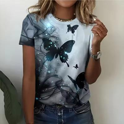 Летняя мода Женская футболка Бабочка Стильные 3D-принты Цветы Повседневные футболки с коротким рукавом и круглым вырезом Обычные топы