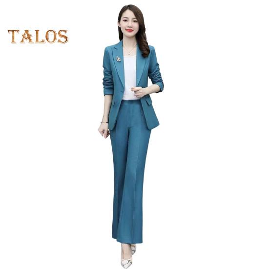 Женский комплект из 2 предметов: пальто и брюки, отложной воротник, длинные рукава, пиджак, облегающий крой, однотонные расклешенные брюки, повседневная одежда для поездок на работу и в офис