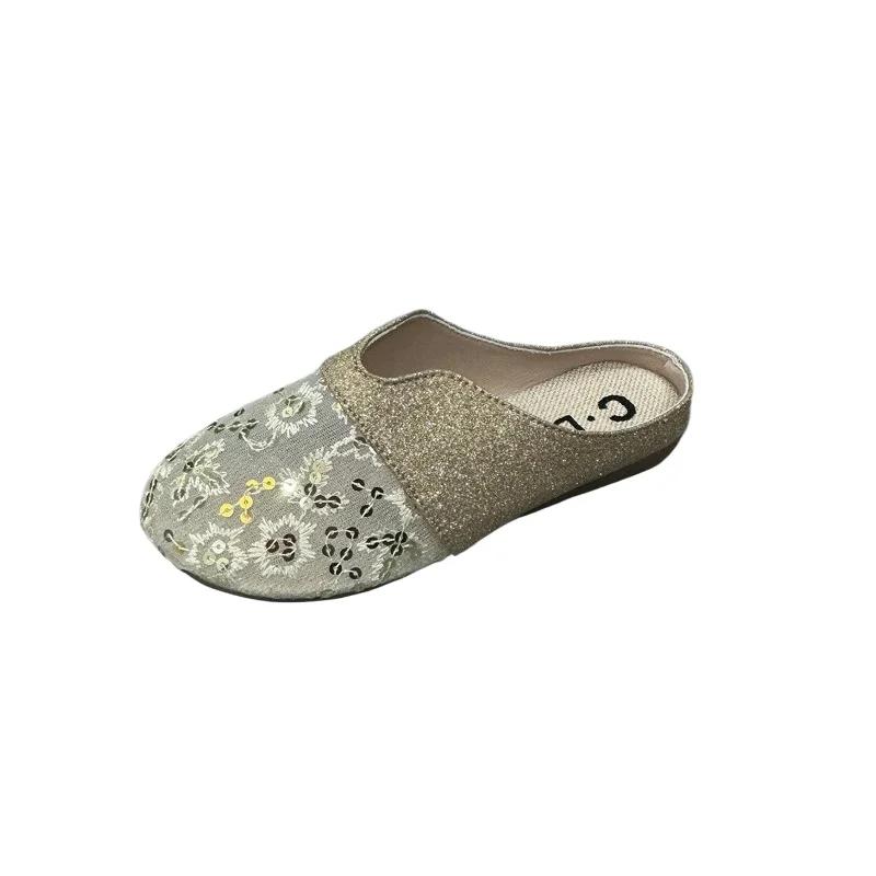 Мода 2025 Мода Женская обувь Закрытый носок Женские тапочки Новая вышивка Уличные Бестселлер Повседневные Удобные Плоские тапочки Zapatos