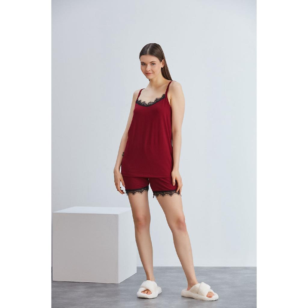 Viscose Knitted Shorts Rope Strap Lace Pajama Set Black